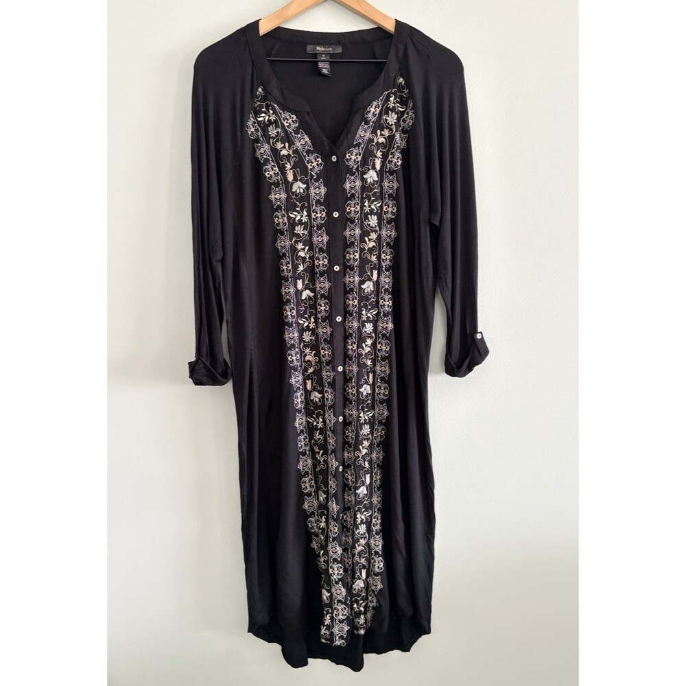 Style & Co Dress Black Embroidered Button Front Women’s Medium Cottagecore Boho